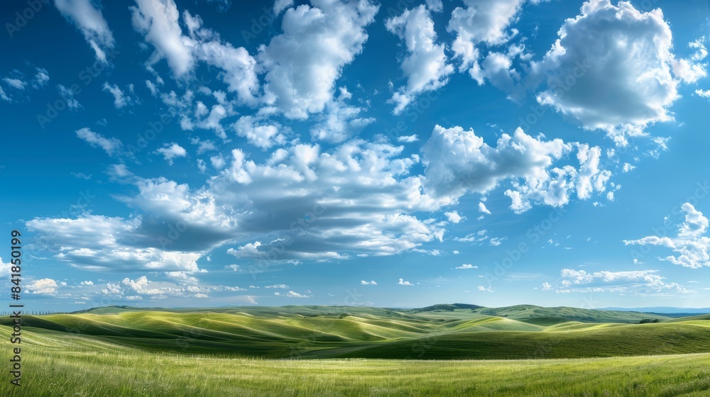 Sticker a panoramic view of a bright, clear sky with scattered clouds casting soft shadows over rolling hill
