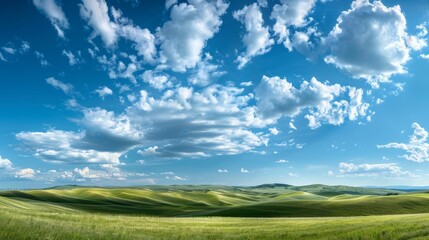 Fototapeta premium A panoramic view of a bright, clear sky with scattered clouds casting soft shadows over rolling hills