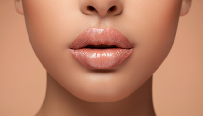 Female lips with nude glossy lipstick