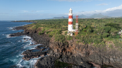 aerial landscape view of area around The Pointe aux Caves Lighthouse, located on a cliff near the city of Albion, on west coast of Mauritius