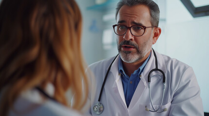 Concerned Male Doctor in Conversation with Female Patient in Medical Office