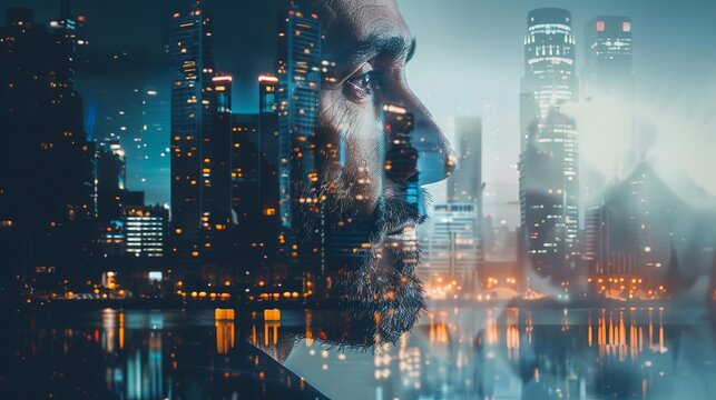 City skyline blending seamlessly with a thoughtful businessman's face, showcasing innovation and modernity in a dynamic business environment
