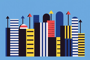 Obraz premium Colorful illustration of a cityscape with tall buildings and arrows pointing upwards, signifying growth and success.