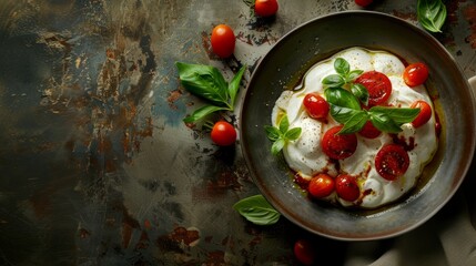 A close-up image of a delicious burrata cheese dish garnished with cherry tomatoes and fresh basil leaves, drizzled with olive oil and balsamic vinegar. The dish sits on a rustic background - Powered by Adobe