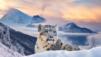 generative ai illustration of watercolour style image of endangered snow leopard in snow mountain...