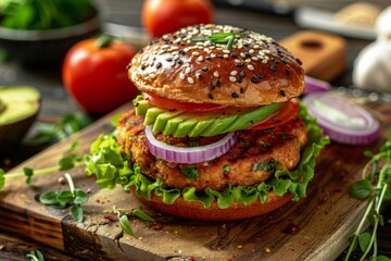 Vegan burger with soy patty, avocado, red onion, tomato, lettuce and vegan mayonnaise, laid on a wooden board on kitchen table. Concept: restaurant menu, culinary blog, social media