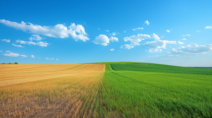 Obraz premium vast expanse of a countryside landscape. On the left, there's a field with golden-hued hay bales scattered across it, indicating a recently harvested crop. 