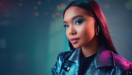 Fototapeta premium Fashion Surreal Concept. Futuristic woman girl in neon light dotted line and natural makeup in graphic futuristic bright bold art deco minimalist aesthetics cape jacket