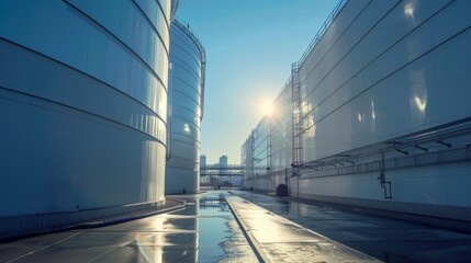 Large hydrogen storage tanks at a modern plant, intricate network of pipelines, clear sky with the sun high above, creating sharp shadows
