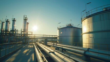 Obraz premium Large hydrogen storage tanks at a modern plant, intricate network of pipelines, clear sky with the sun high above, creating sharp shadows