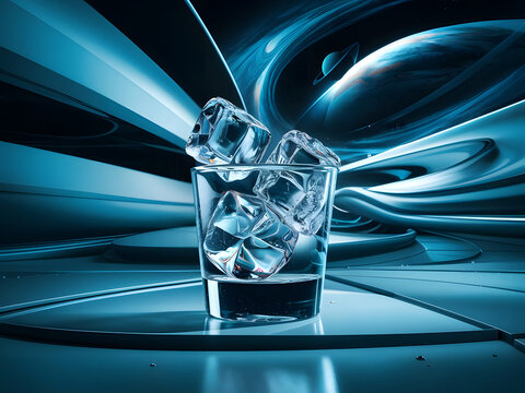 Vaso de vidrio con cubos de hielo sobre fondo azul moderno