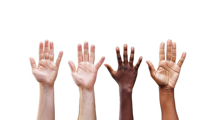 Diverse group raised hands up together for equality isolated on black background