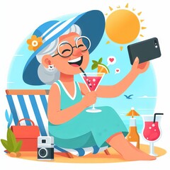 a fashionable senior lady sits on a sun lounger on the seashore, drinks a cocktail and films herself on a smartphone. flat style illustration
