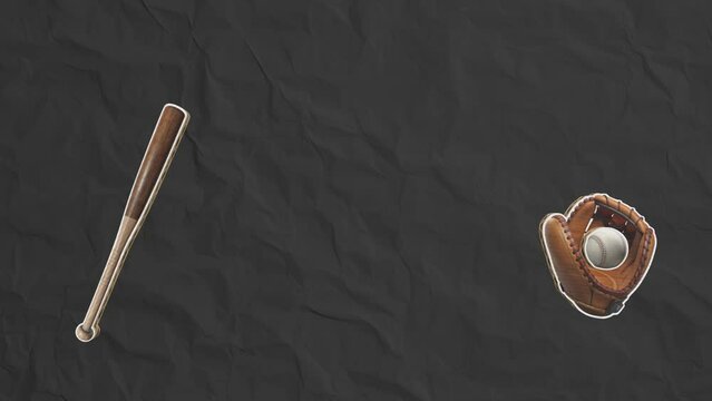 Two athletes play baseball, one hits the ball with a bat, and the other catches it in his glove and throws it back. Baseball concept. Stop motion animation in Cardboard style on black paper background