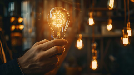 Cryptocurrency innovation concept. Lightbulb in hand with bitcoin sign