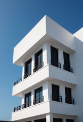 Obraz premium white building, corner of building, high contrast shadow, blue sky. Thai architecture, minimalist
