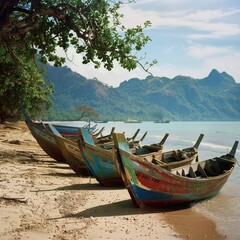 photographed in the style Photography of Traditional fishing boats lined up on a sandy beach in Indonesia