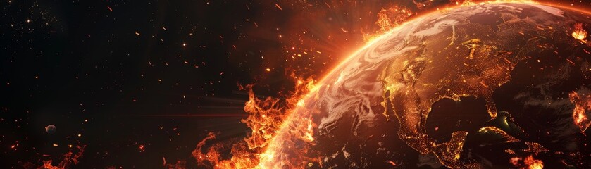 Planet Earth engulfed in flames against black backdrop