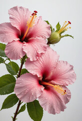 yellow hibiscus flowers in full bloom, with petals that have just been rained on and still show water droplets. Two large pink hyperplanes grow next to each other , isolated on a white background