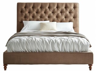 Plush Brown Upholstered Bed with Elegant Bedding and Cushions