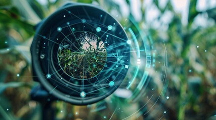 A close-up view of a droneâ€™s camera lens, capturing high-resolution imagery of crops. The image is overlaid with digital data points and lines, illustrating the power of drone technology in