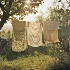 Sunlit Laundry Day Bliss: Serene Morning Scene of Freshly Laundered Clothes Hanging on Line