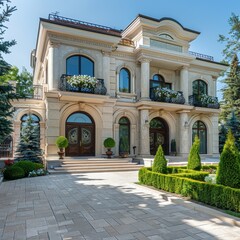 Fototapeta premium photographed in the style Photography of Beautiful residential building with a grand entrance, large windows, and a well-kept garden