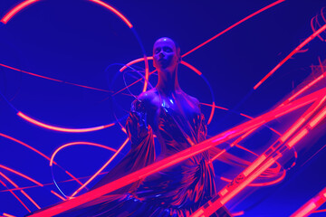 woman dancing in a whirlwind of colorful red lasers on neon background in style impressionism with an emphasis on movement