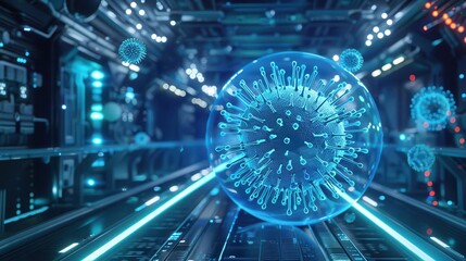Fototapeta premium Futuristic 3D illustration of a virus floating in a glowing tech environment.