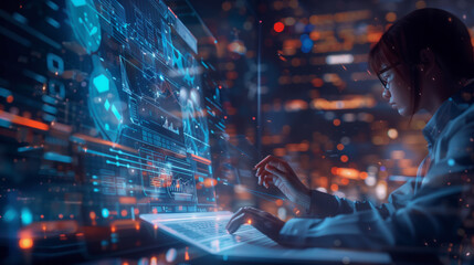 Female scientist analyzing digital data, working on a digital screen