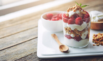 Breakfast, glass and muesli with serving tray on wooden table for diet, health or nutrition. Food,...