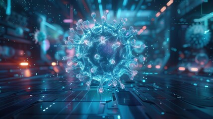 Abstract 3D rendering of a virus particle, with a futuristic digital background.