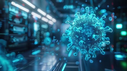 A digital illustration of a virus particle, representing the spread of a disease.