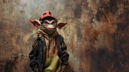 Fototapeta premium A goblin with a cheeky grin sports high-end streetwear, blending urban style with a touch of fantasy. His attire and confident pose add a unique twist to the mythical creature trope.