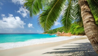 palm tree on tropical beach anse georgette in paradise on praslin seychelles