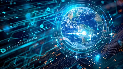 A futuristic depiction of digital technology applied to agriculture. The Earth is glowing with a blue aura, surrounded by swirling data points and intricate circuit boards.