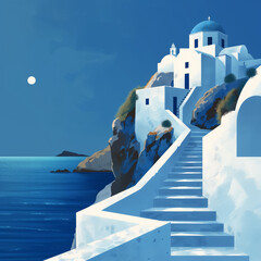 Obraz premium a typical greek orthodox monastery and village with white walls and blkue dome on top of a cliff above the aegean sea, Greece 
