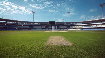  "Serenity in Solitude: Empty Cricket Stadium with Wicket at Center Captured in Wide Angle Shot"
