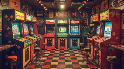 A vibrant and colorful retro arcade filled with vintage game machines, classic decor, and playful ambiance, perfect for nostalgia