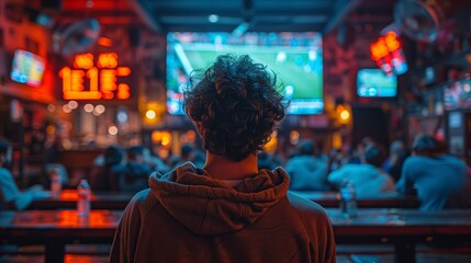 man in his late thirties is in the back watching the Super Bowl on TV with friends at a bar, surrounded by people and in front of him a large screen showing a football game in a cinematic style