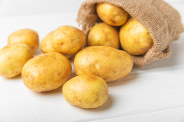 Young potatoes. Fresh potatoes  on a wooden background.Harvesting collection. organic, freshly dug potatoes. Agricultural background. Vegan. Vegetables.Place for text.Copy space
