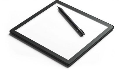 A digital drawing tablet and a stylus on an isolated white background