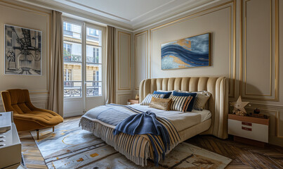 Fototapeta premium Bedroom design interior in french style. Beige walls with plaster stucco. Bed, windows, curtains, modern art