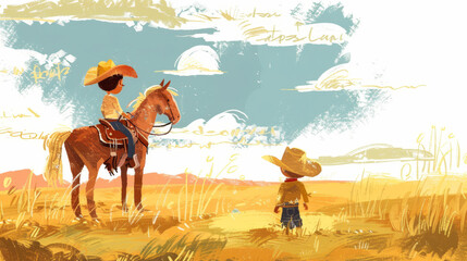 A boy and a girl are riding horses in a field. The boy is wearing a cowboy hat and the girl is wearing a cowboy hat as well. The sky is blue and there are clouds in the background