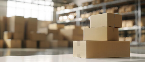 Stacked cardboard boxes in a modern warehouse, bathed in natural light, symbolizing inventory management and efficient logistics.