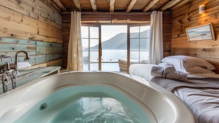Cozy rustic bedroom with panoramic mountain lake view, featuring a bathtub, wooden walls, and large windows offering natural light.