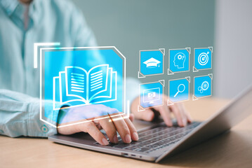 Study E-learning, graduate certificate program concept. Teacher training online education academy. Internet course degree, knowledge creative idea solution. Man computer webinar play virtual screen