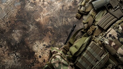 A meticulously arranged military setup featuring camouflage patterns, tactical equipment, and rugged textures, embodies the essence of strategic operations. Flat lay frame with copy space.