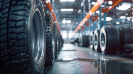 Fototapeta premium Car tires in the factory warehouse