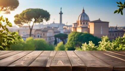 the empty wooden table top with blur background of rome ai generative